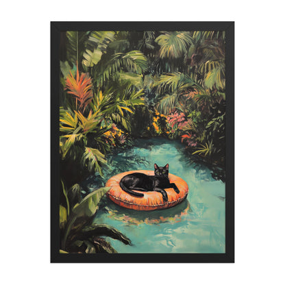 Black Cat Art Print: Tropical Pool, Quirky Home Decor