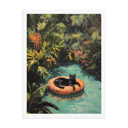 Black Cat Art Print: Tropical Pool, Quirky Home Decor