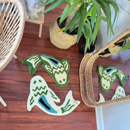 Handmade Koi Fish Rug: Green & Blue Yin Yang Design