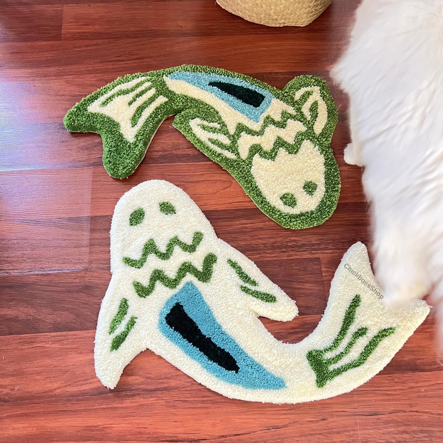 Handmade Koi Fish Rug: Green & Blue Yin Yang Design