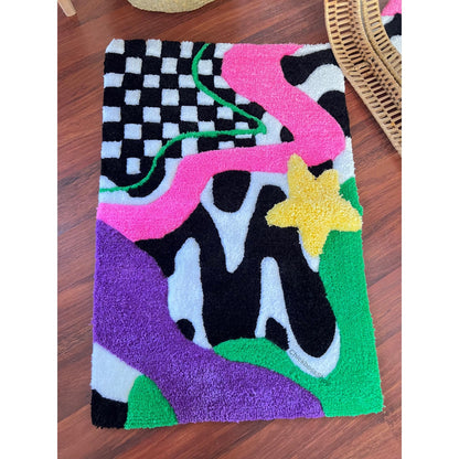 Abstract Checkered Tufted Rug: Colorful Wavy Handmade Decor