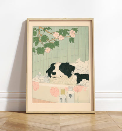 Border Collie Bathroom Print: Vintage Japanese Ukiyo-e Style Dog Art