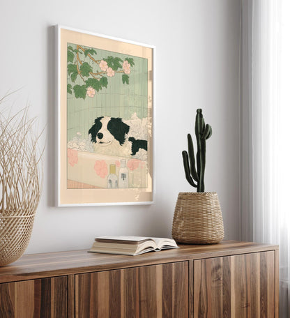 Border Collie Bathroom Print: Vintage Japanese Ukiyo-e Style Dog Art