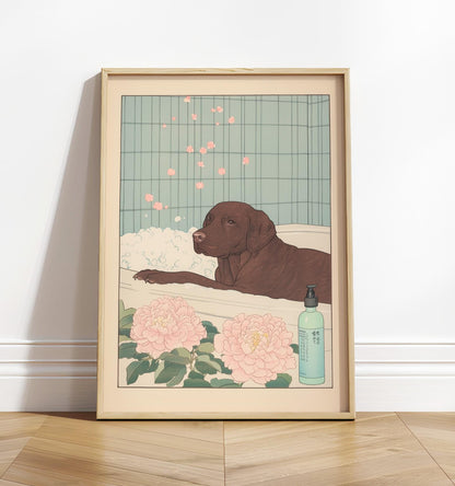 Chocolate Labrador Bathroom Print: Japanese Ukiyo-e Art, Dog in Bathtub