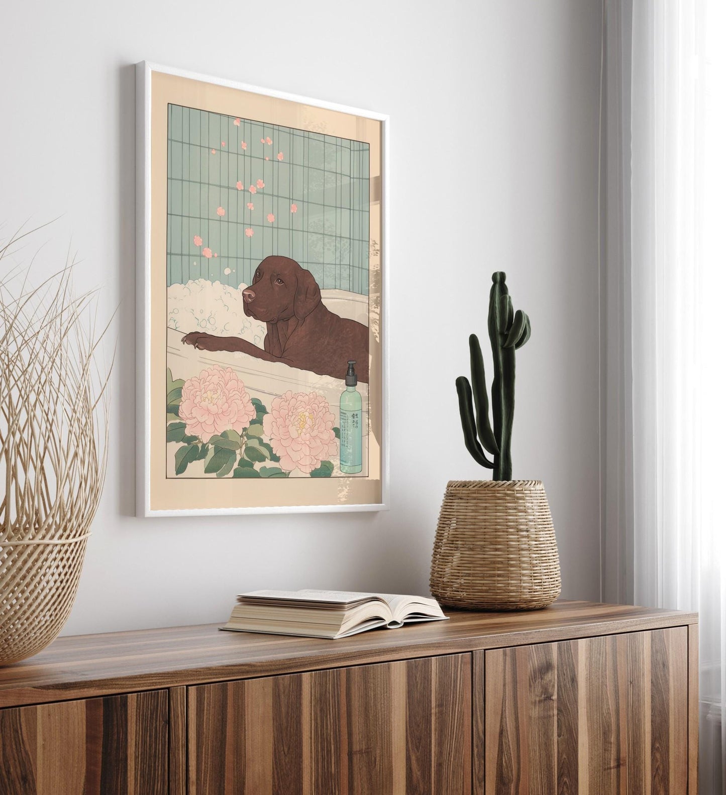 Chocolate Labrador Bathroom Print: Japanese Ukiyo-e Art, Dog in Bathtub