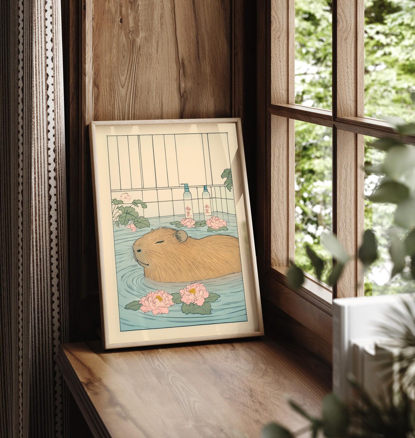 Capybara Bath Print: Japanese Ukiyo-e Animal Art