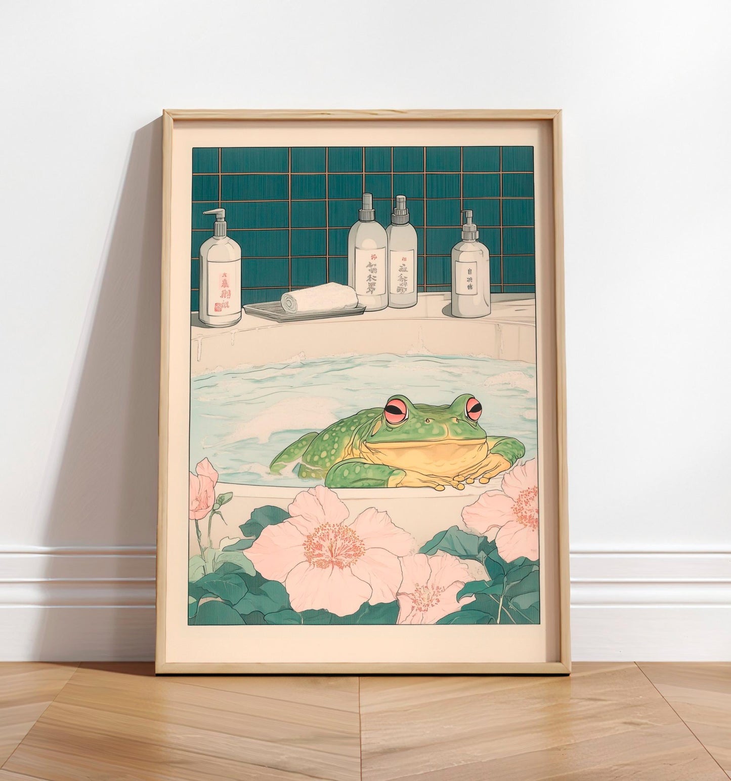 Frog in Bathtub Art Print: Japandi Bathroom Wall Decor