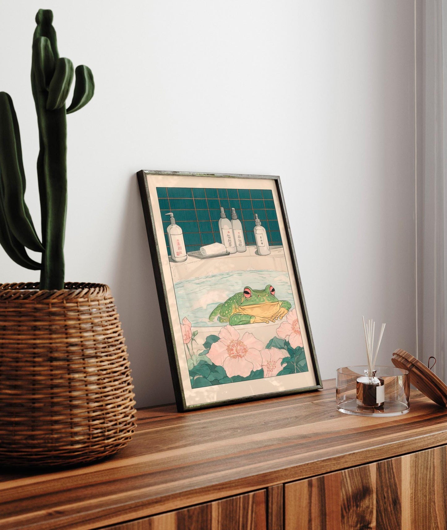 Frog in Bathtub Art Print: Japandi Bathroom Wall Decor