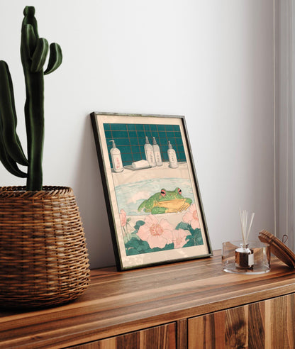 Frog in Bathtub Art Print: Japandi Bathroom Wall Decor