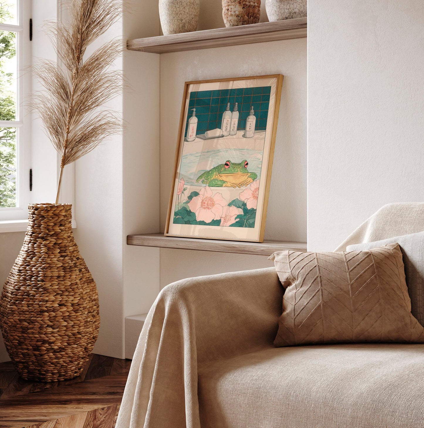 Frog in Bathtub Art Print: Japandi Bathroom Wall Decor