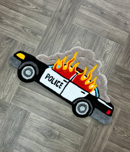 Burning car rug  Fire rug  Police car rug Cop car Custom rug Tufted Rug Rugs for bedroom aesthetic cute rug ACAB rug Car with Fire cool rug