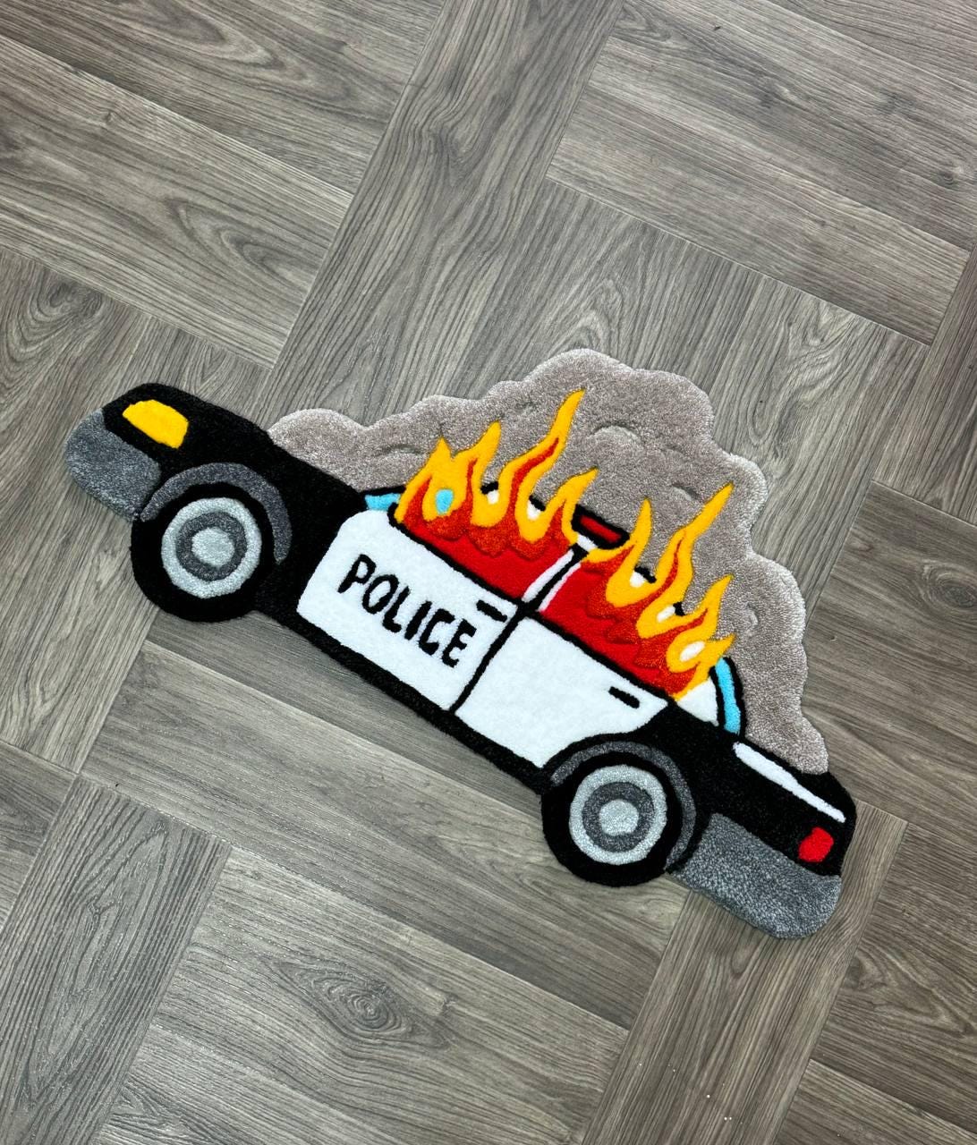 Burning car rug  Fire rug  Police car rug Cop car Custom rug Tufted Rug Rugs for bedroom aesthetic cute rug ACAB rug Car with Fire cool rug