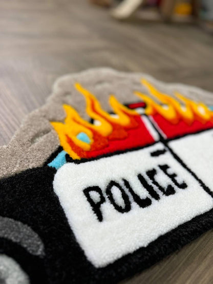 Burning car rug  Fire rug  Police car rug Cop car Custom rug Tufted Rug Rugs for bedroom aesthetic cute rug ACAB rug Car with Fire cool rug