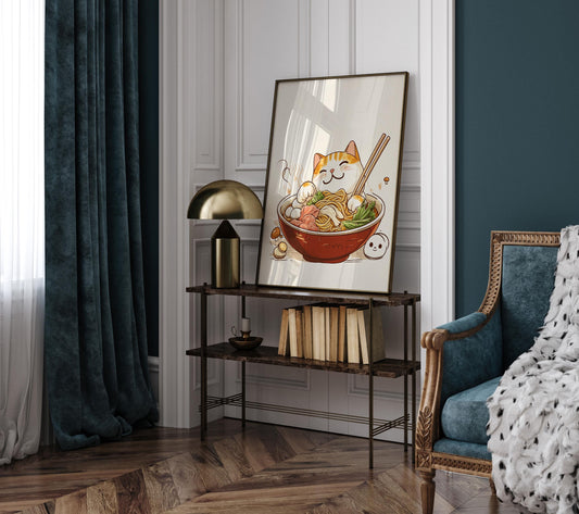 Vintage Cat Eating Ramen, Noodles Poster, Funny Cat Wall Art, Kitchen Decor, Japanese Inspired Cat Art Print, Cat Lover Gift, Japandi print