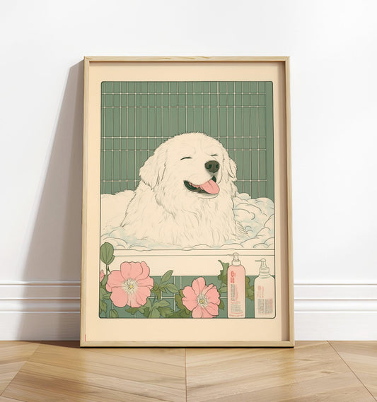 Great Pyrenees print, Japanese bathroom wall art, Funny dog print, Japandi poster, Japan art print, Aesthetic wall art, Neutral art poster