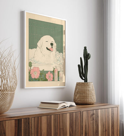 Great Pyrenees print, Japanese bathroom wall art, Funny dog print, Japandi poster, Japan art print, Aesthetic wall art, Neutral art poster