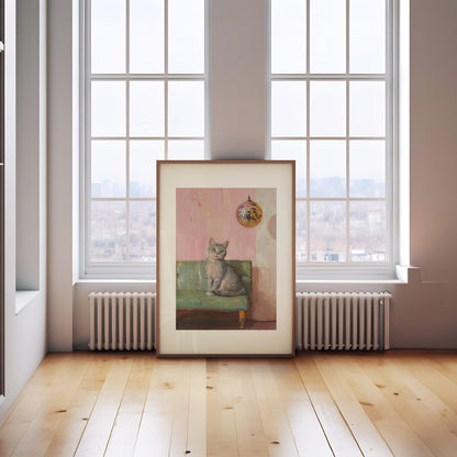 Tabby Cat with Disco Ball Art Print | Cute Quirky Whimsical | Cocktail Art Bar Cart Decor | Fine Art Print Gift | Trendy Home Wall Art Print