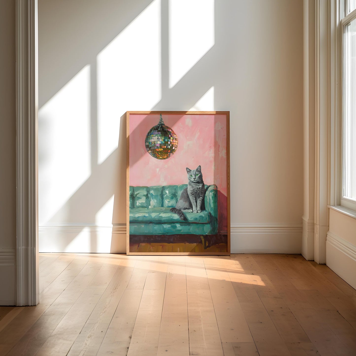 Russian Blue Cat with Disco Ball Fine Art Print | Cute Quirky Whimsical | Disco Ball Cat | Bar Cart Decor | Trendy Home Wall Art Gift