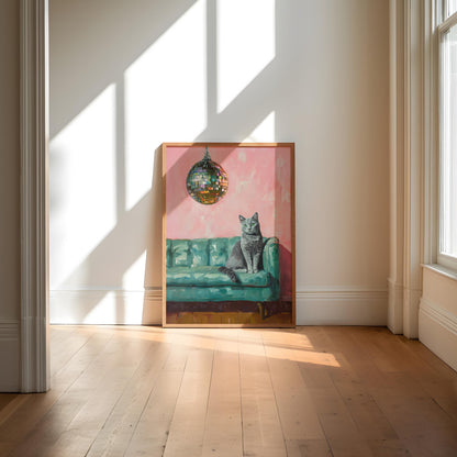 Russian Blue Cat with Disco Ball Fine Art Print | Cute Quirky Whimsical | Disco Ball Cat | Bar Cart Decor | Trendy Home Wall Art Gift