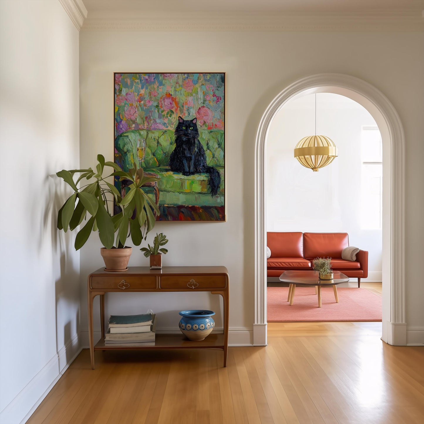 Black Cat with Champagne Art Print: Quirky Retro Bar Cart Decor