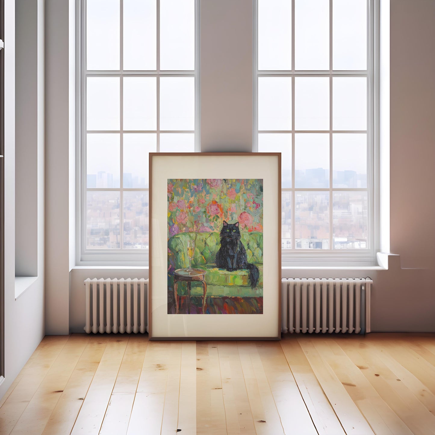 Black Cat with Champagne Art Print: Quirky Retro Bar Cart Decor