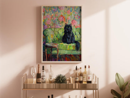 Black Cat with Champagne Art Print: Quirky Retro Bar Cart Decor