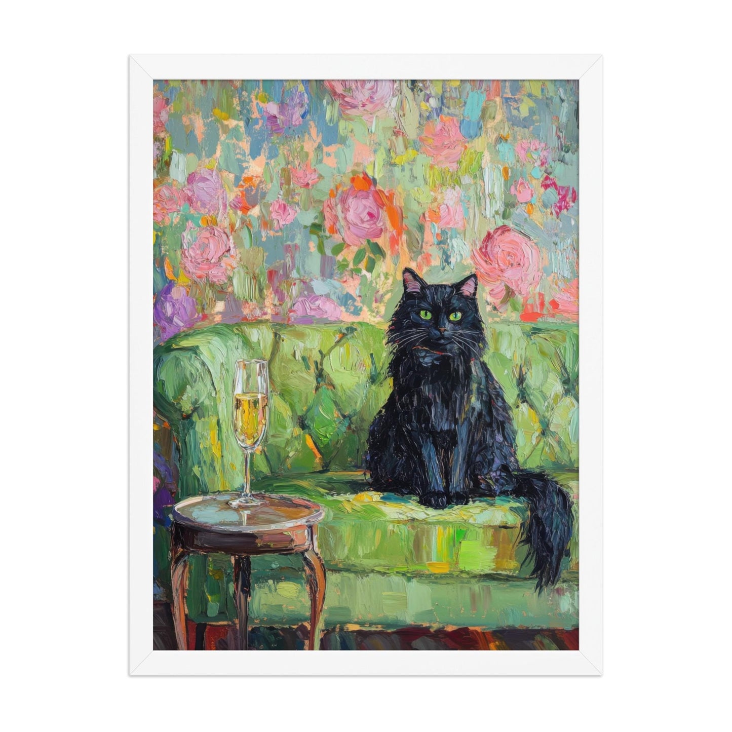 Black Cat with Champagne Art Print: Quirky Retro Bar Cart Decor