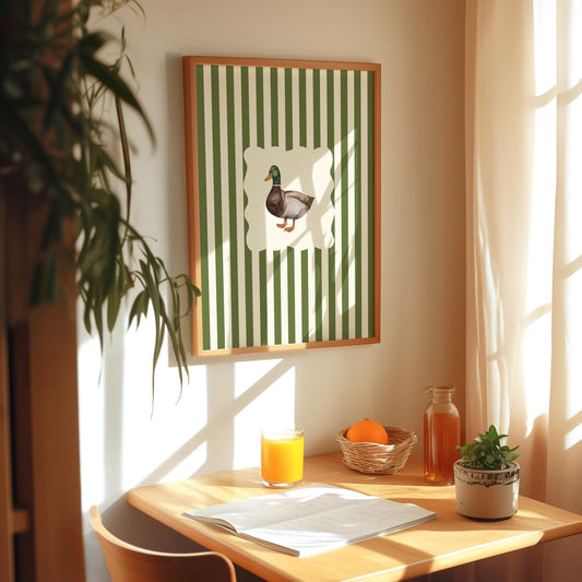 Vintage Duck Print: Striped Cottagecore Wall Art