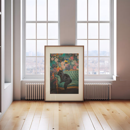 Black Cat Floral Art Print: Quirky Retro Home Decor