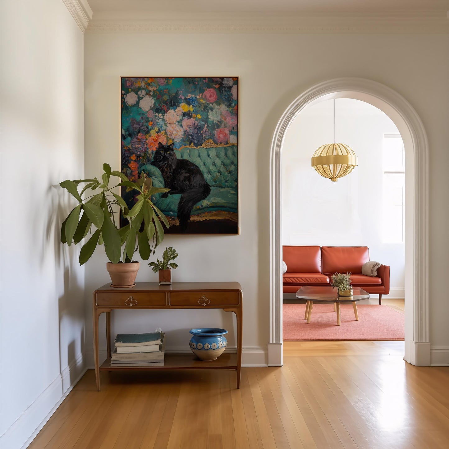 Black Cat Floral Art Print: Quirky Retro Home Decor