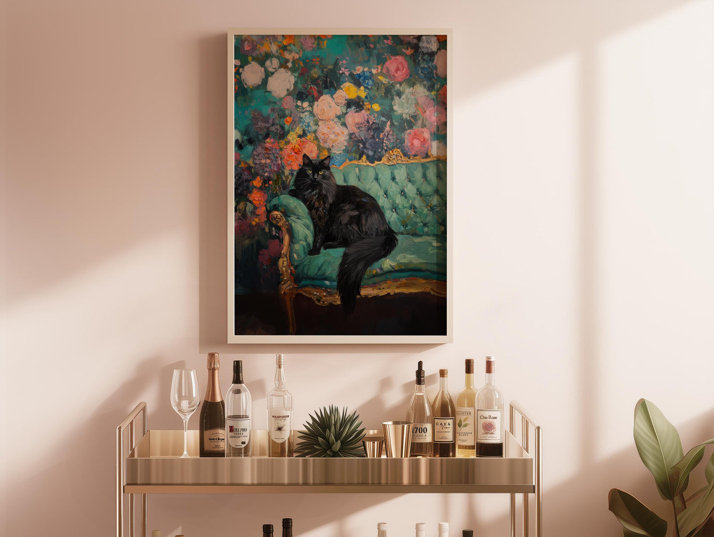 Black Cat Floral Art Print: Quirky Retro Home Decor