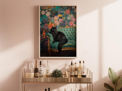 Black Cat Floral Art Print: Quirky Retro Home Decor