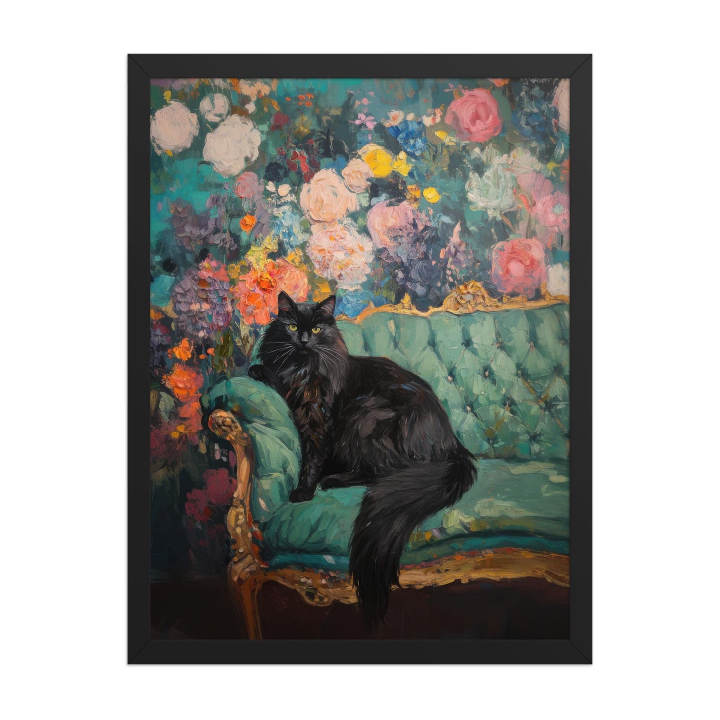 Black Cat Floral Art Print: Quirky Retro Home Decor