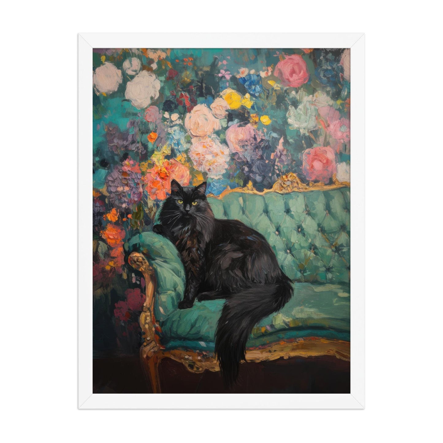 Black Cat Floral Art Print: Quirky Retro Home Decor