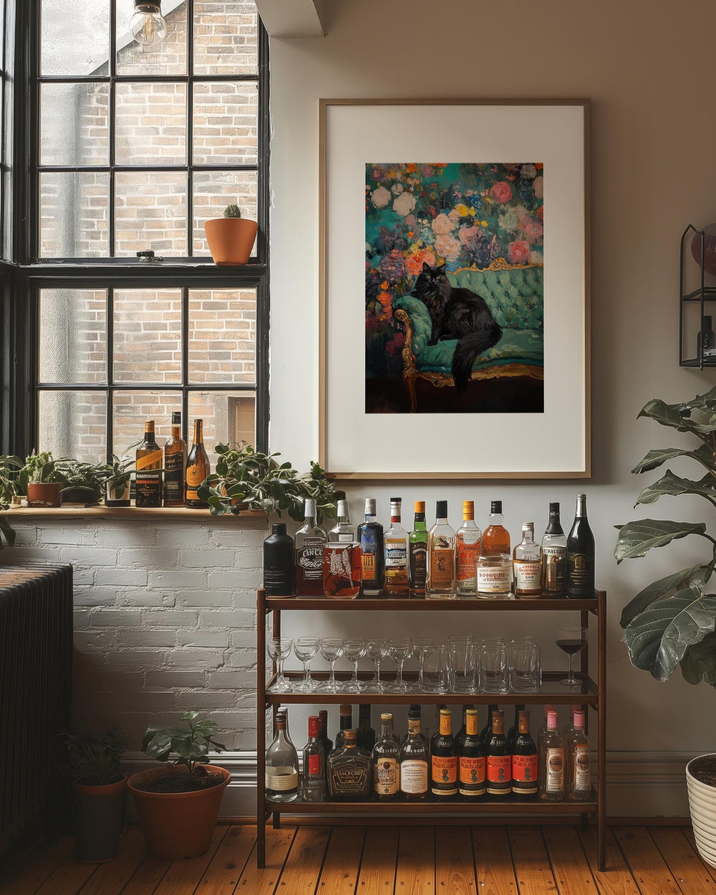 Black Cat Floral Art Print: Quirky Retro Home Decor