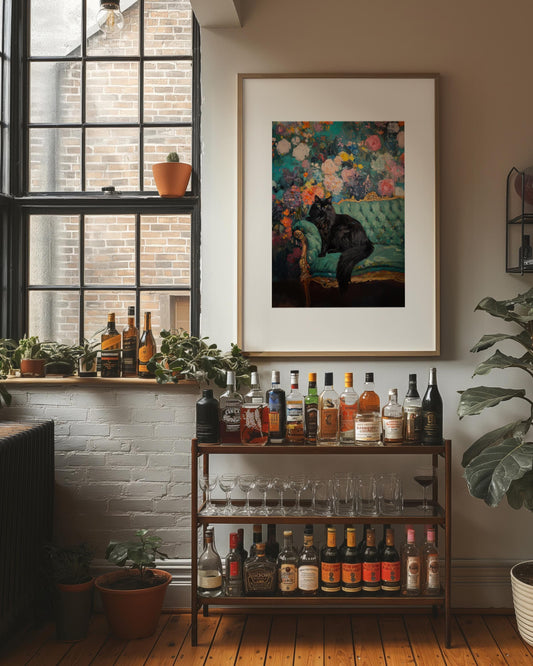 Black Cat Floral Art Print: Quirky Retro Home Decor