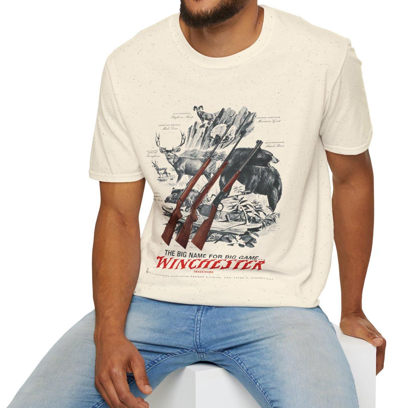 Vintage Deer Hunter Rifle Unisex Softstyle T-Shirt, Retro Hunting Tee, Old School Hunter Gift, Winchester Outdoors Shirt