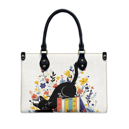 Ladies PU handbag With Cat sleeping on books, Women's Shoulder Bag, Everyday handbag, Ladies Work Bag, Elegant Handbag, Versatile Bag