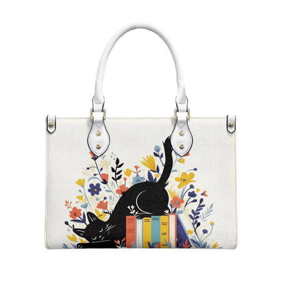Ladies PU handbag With Cat sleeping on books, Women's Shoulder Bag, Everyday handbag, Ladies Work Bag, Elegant Handbag, Versatile Bag