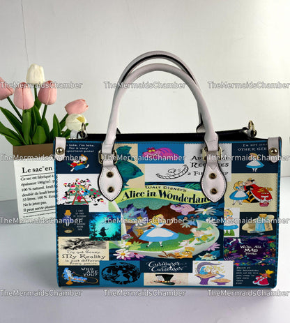 Alice in Wonderland Personalized Leather Handbag, Alice in Wonderland Woman Handbag, Vintage Shoulder Bag, Crossbody Bag, Top Handle Bag