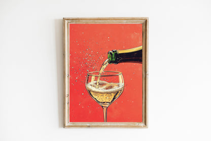 Champagne Coupe Glass Print: Gold Rim, Red Orange Bar Cart Art