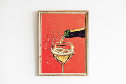 Champagne Coupe Glass Print: Gold Rim, Red Orange Bar Cart Art