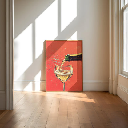 Champagne Coupe Glass Print: Gold Rim, Red Orange Bar Cart Art