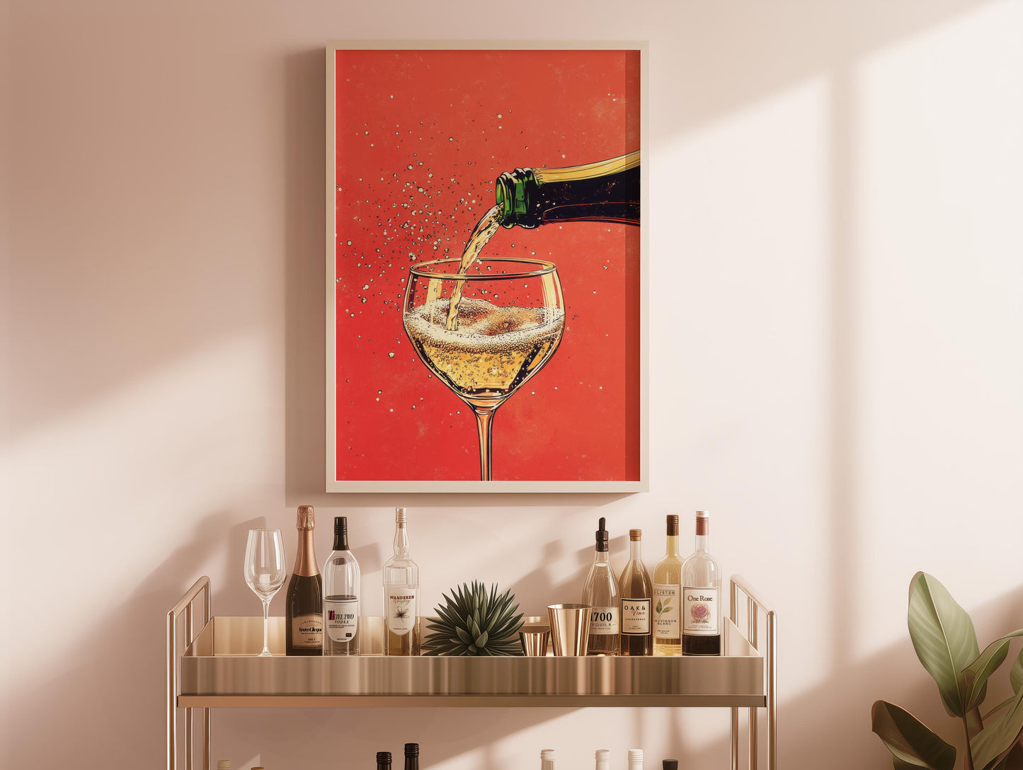 Champagne Coupe Glass Print: Gold Rim, Red Orange Bar Cart Art
