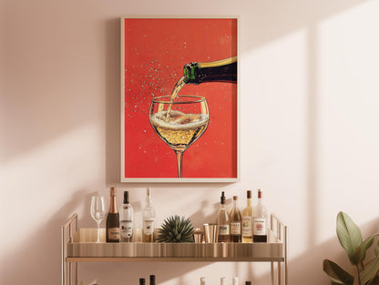 Champagne Coupe Glass Print: Gold Rim, Red Orange Bar Cart Art
