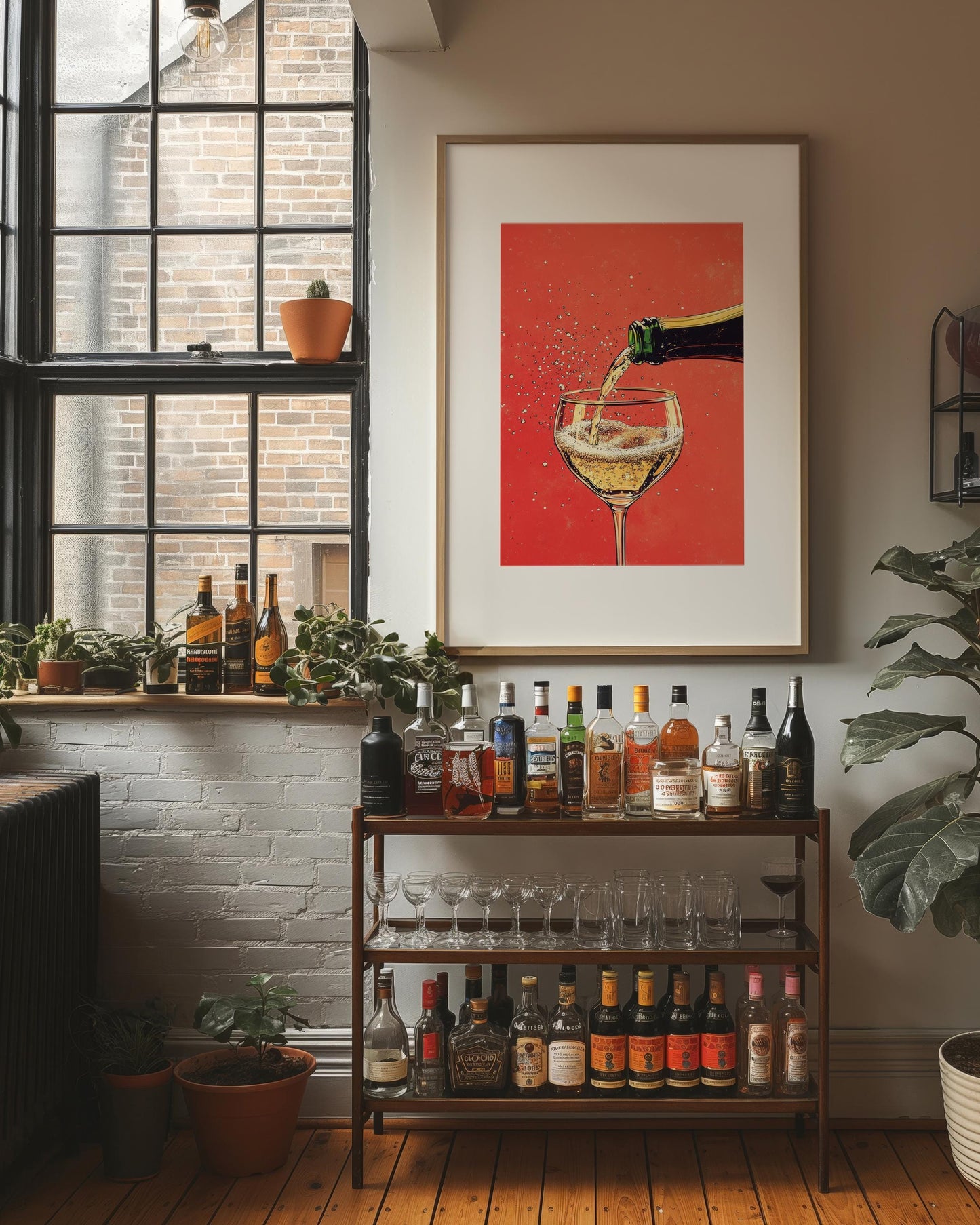 Champagne Coupe Glass Print: Gold Rim, Red Orange Bar Cart Art