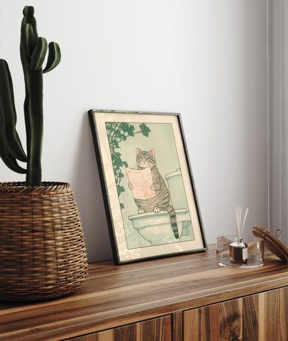 Tabby Cat Bathroom Print: Funny Japanese Ukiyo-e Poster