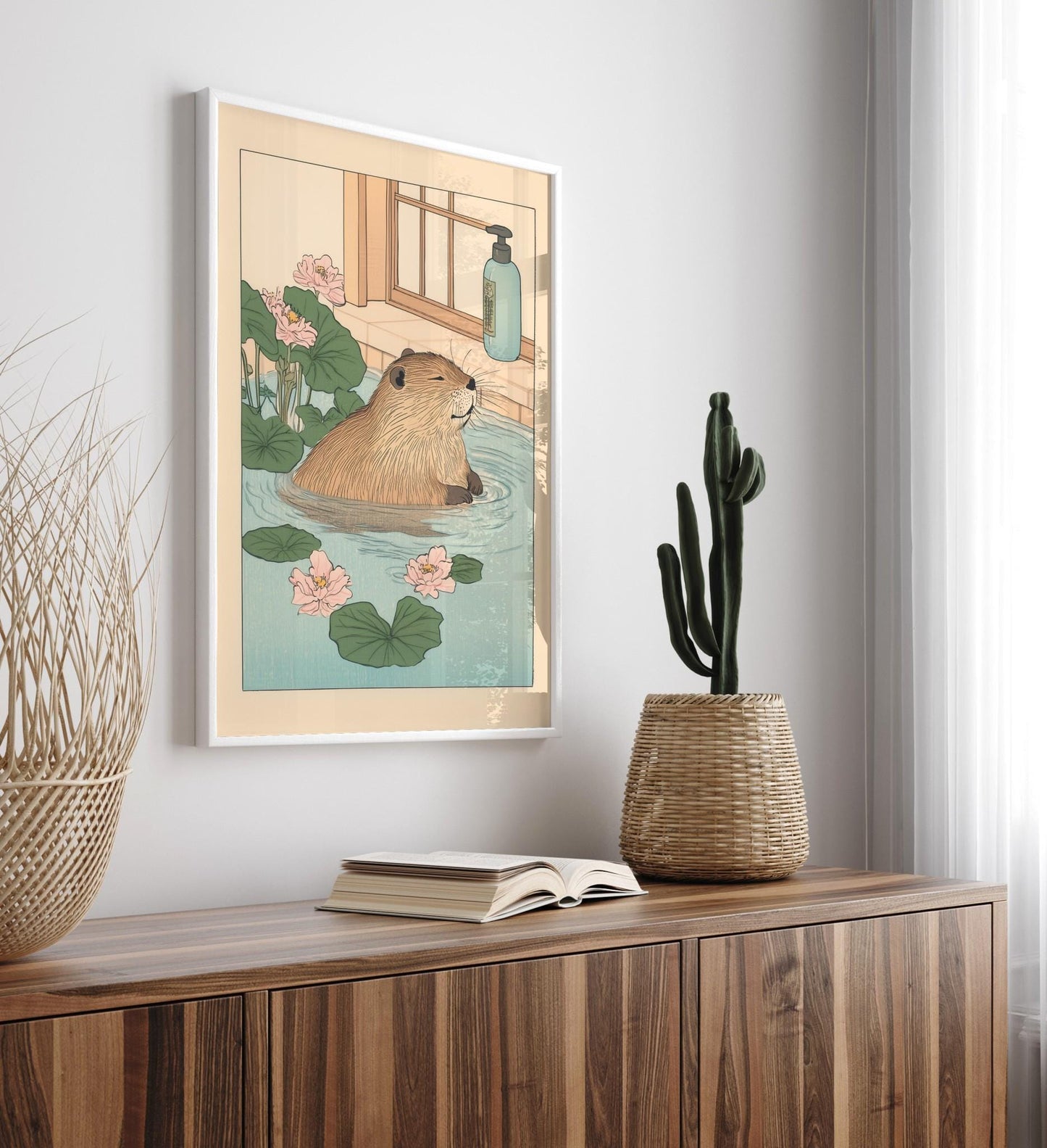 Kawaii Beaver Ukiyo-e Print: Funny Bathroom Japandi Wall Art