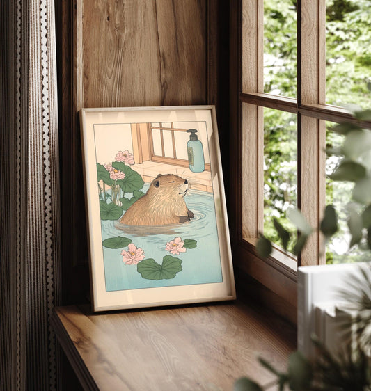 Kawaii Beaver Ukiyo-e Print: Funny Bathroom Japandi Wall Art