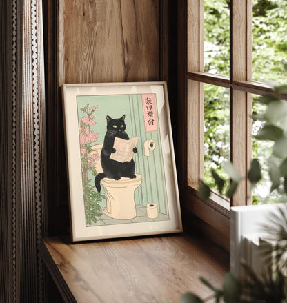 Japanese Black Cat on Toilet Print: Funny Bathroom Wall Art